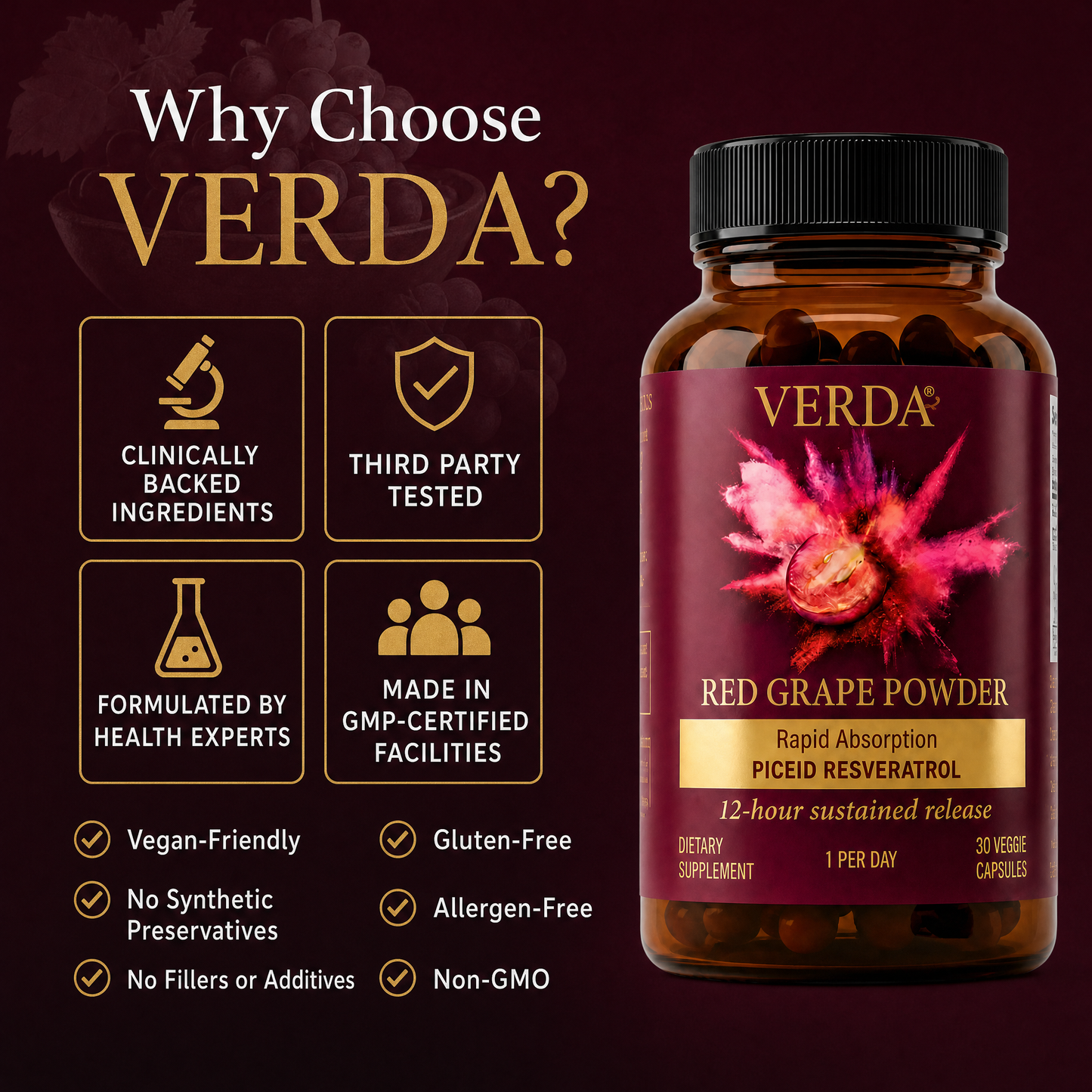Why Choose Verda - Clinically Backed, Third Party Tested, 30 Veggie Capsules