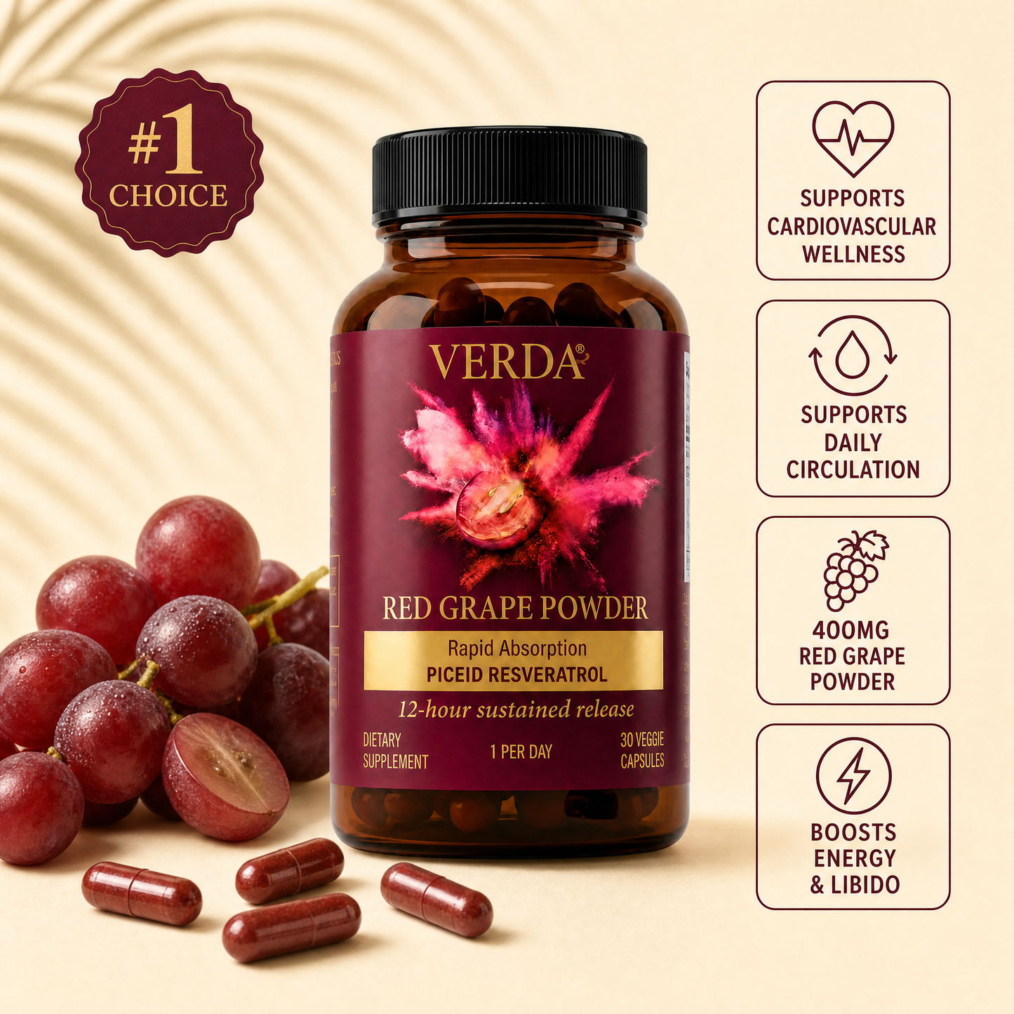 Verda Red Grape Powder - 30 Veggie Capsules - Supports Cardiovascular Wellness, Circulation, and Energy