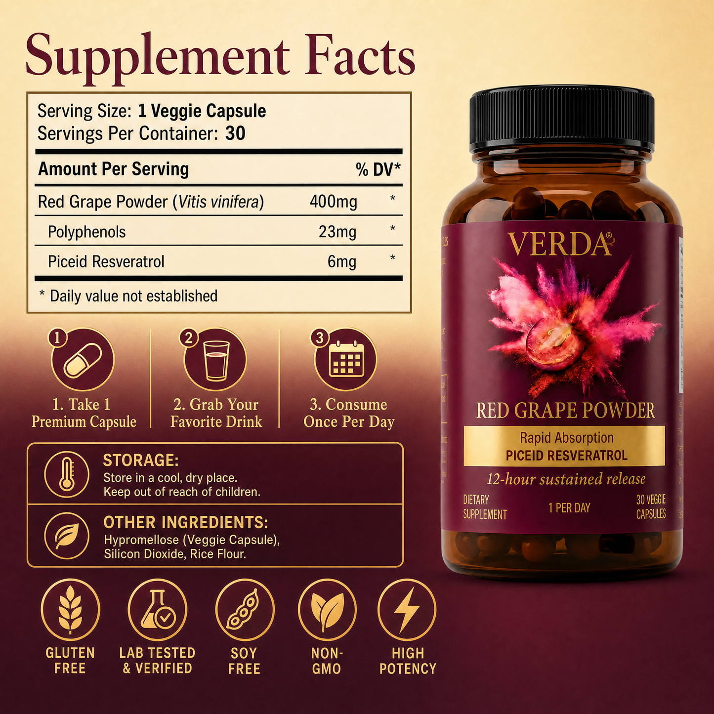 Verda Supplement Facts - 30 Servings, Red Grape Powder 400mg, Polyphenols 23mg, Piceid Resveratrol 6mg