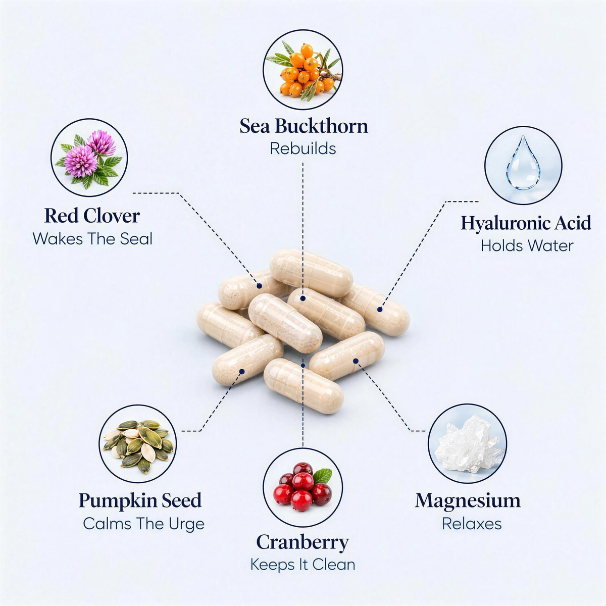 VERDA ingredients: red clover, sea buckthorn, hyaluronic acid, pumpkin seed, magnesium, cranberry