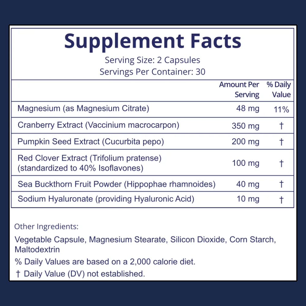 VERDA UroControl supplement facts: magnesium, cranberry, pumpkin seed, red clover, sea buckthorn, hyaluronic acid