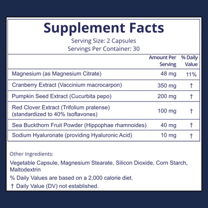 VERDA UroControl supplement facts: magnesium, cranberry, pumpkin seed, red clover, sea buckthorn, hyaluronic acid