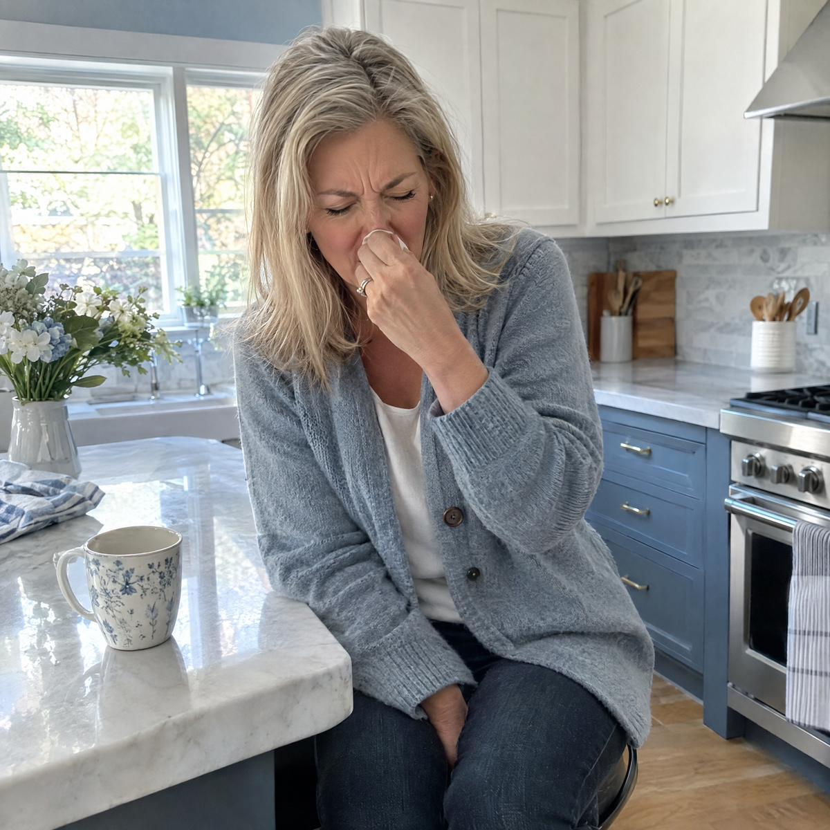 Woman sneezing in her kitchen