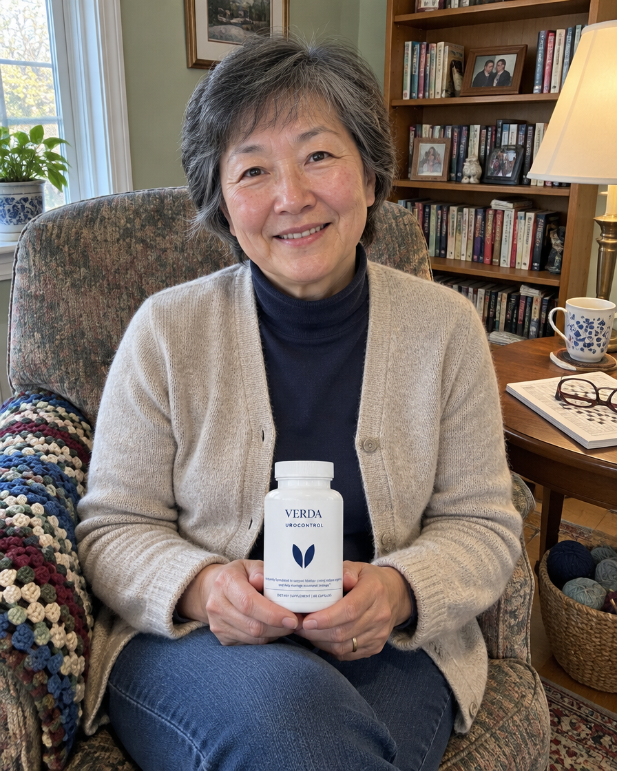 Woman in her armchair holding a bottle of VERDA UroControl