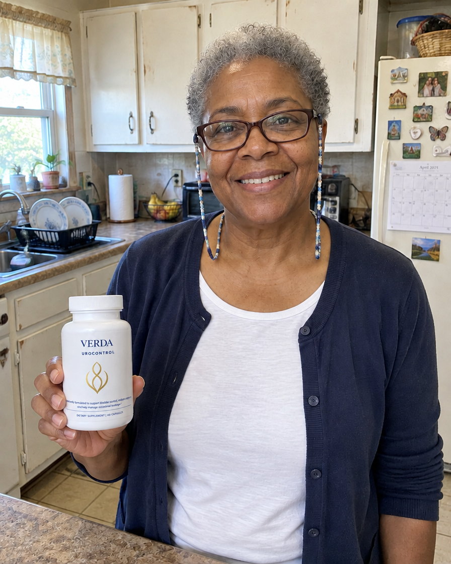 Woman in her kitchen holding a bottle of VERDA UroControl