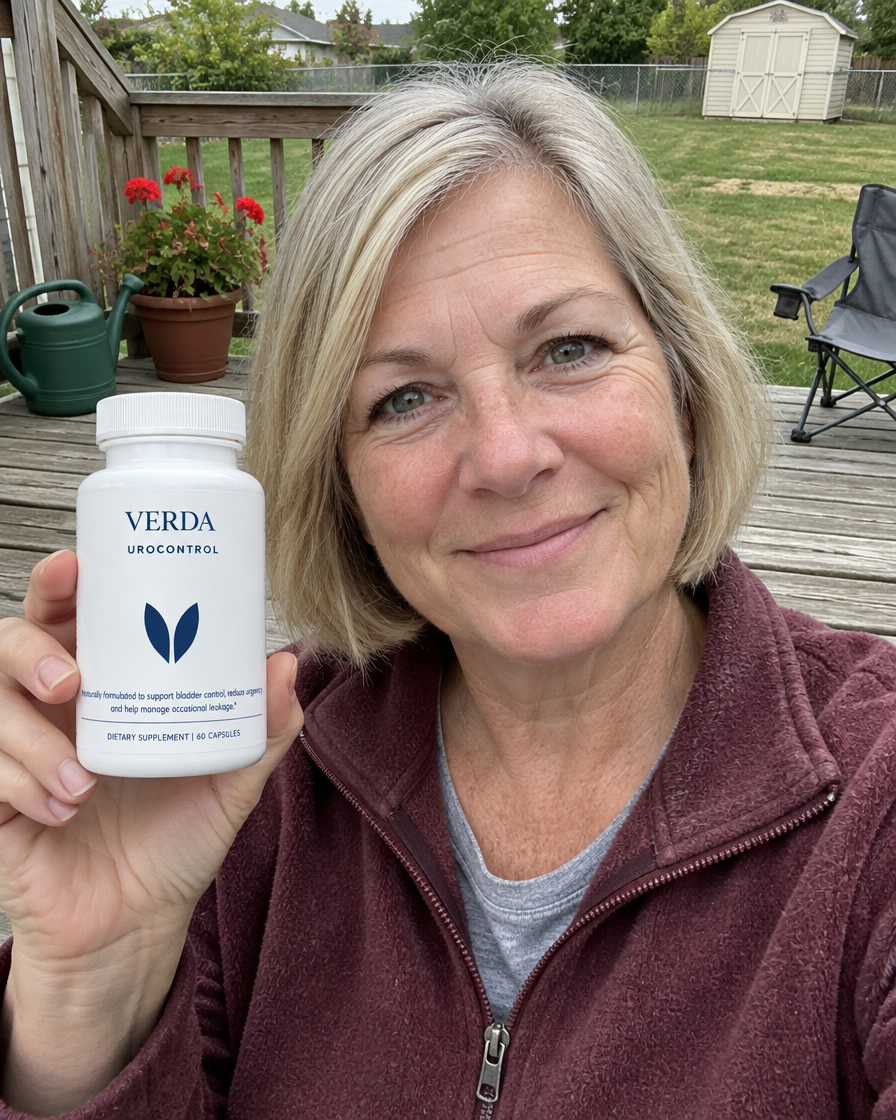 Woman on her back deck holding a bottle of VERDA UroControl