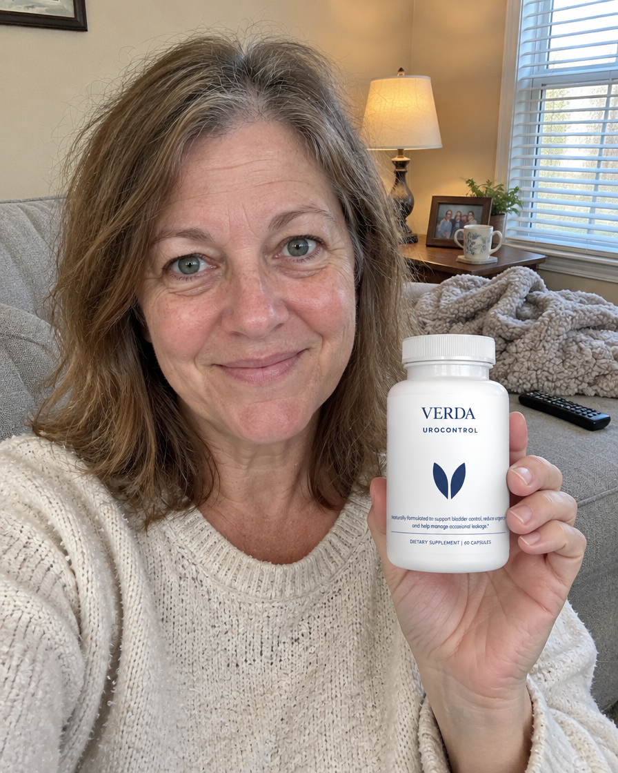 Woman on her sofa holding a bottle of VERDA UroControl