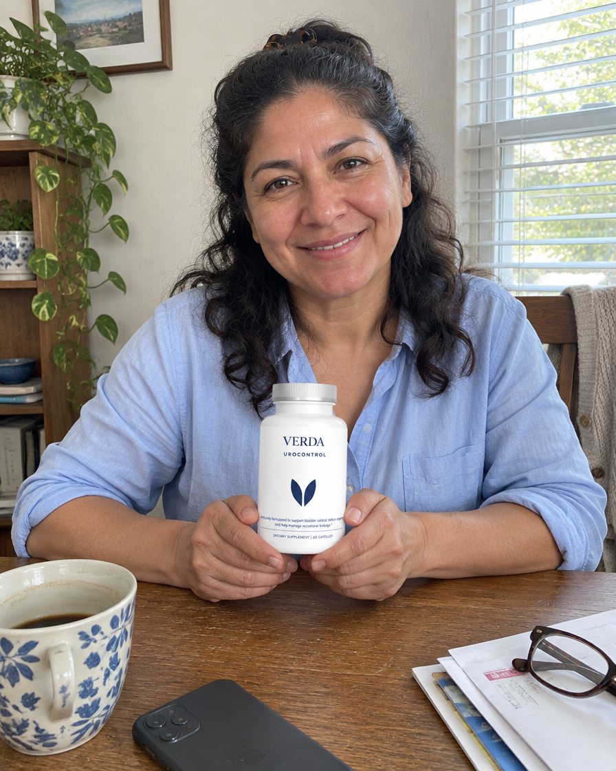 Woman at her dining table holding a bottle of VERDA UroControl